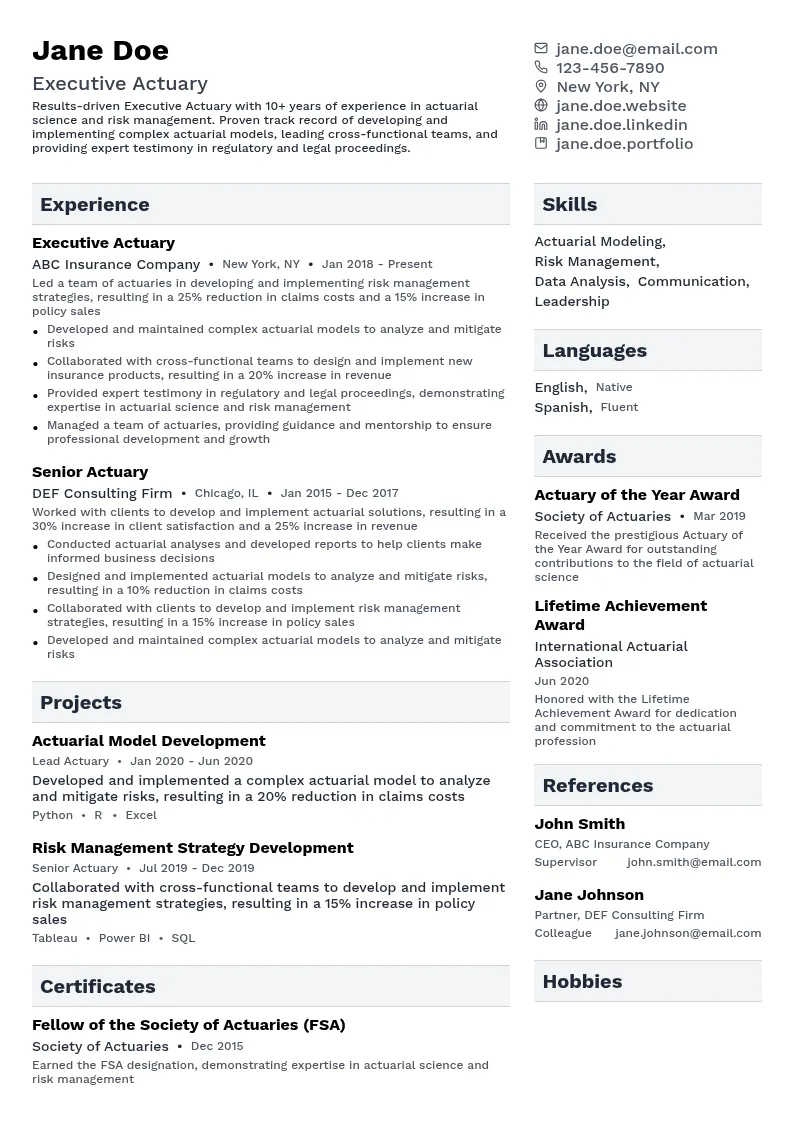Executive Actuary resume example