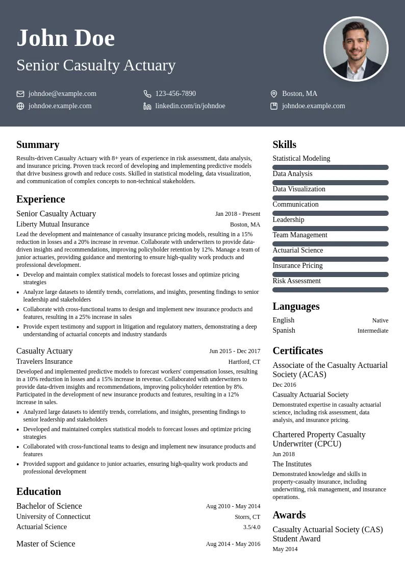 Casualty Actuary resume example