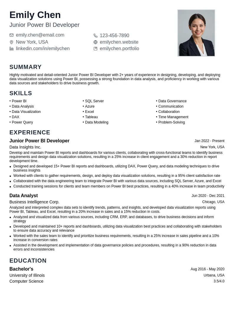 Junior Power BI Developer resume example