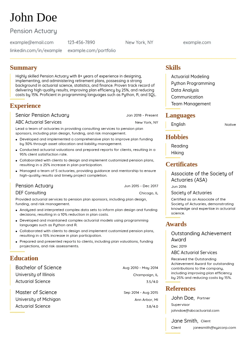 Pension Actuary resume example