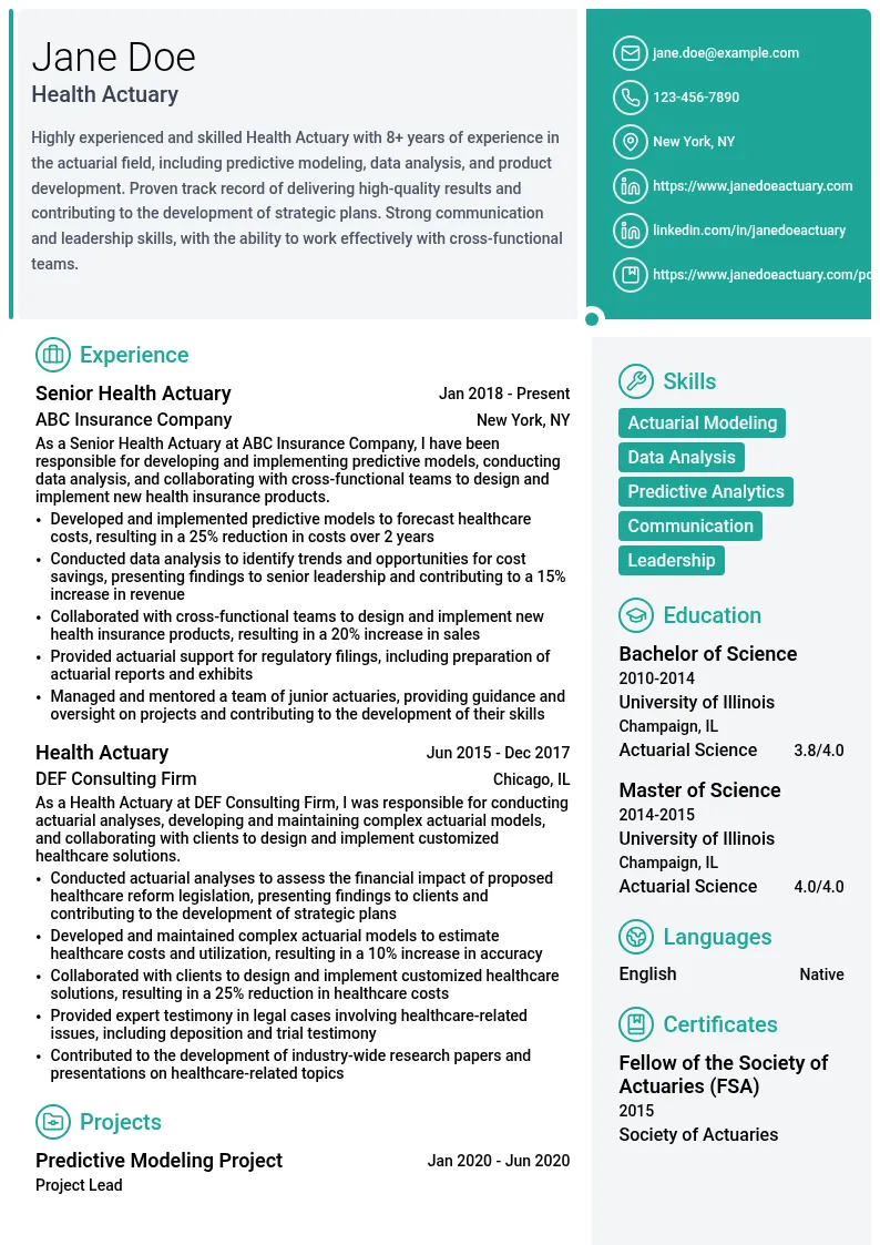 Health Actuary resume example