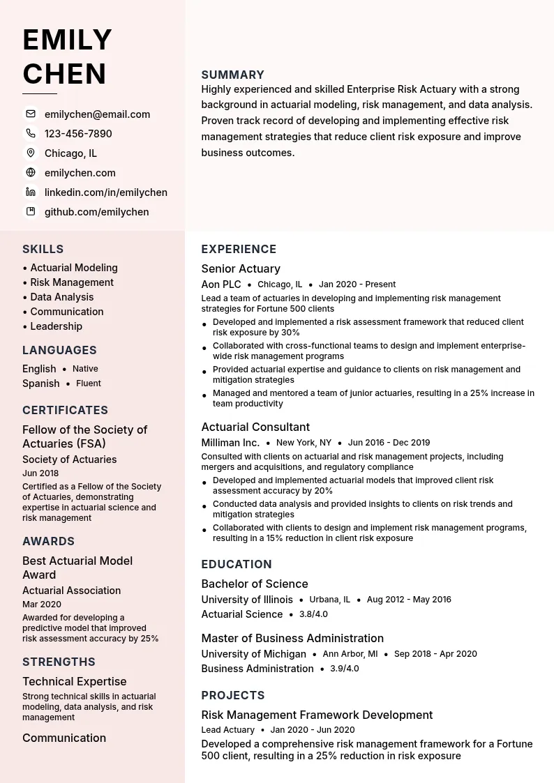 Enterprise Risk Actuary resume example