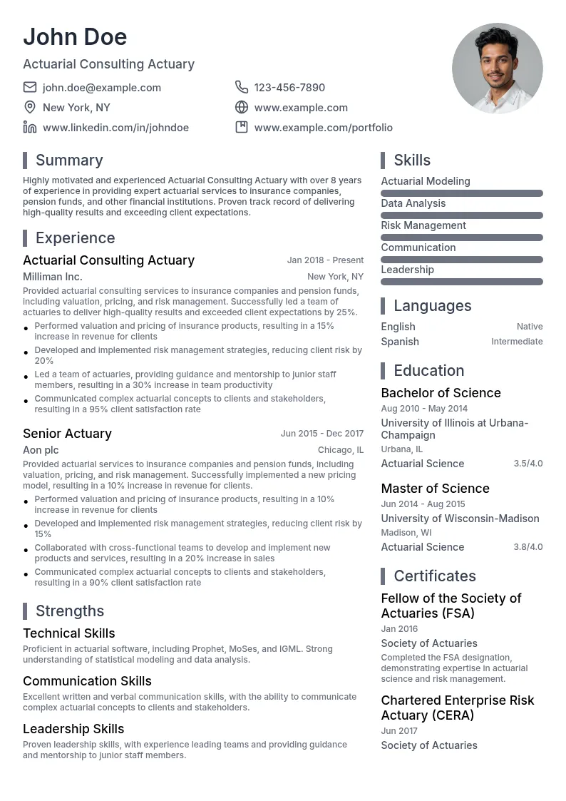 Actuarial Consulting Actuary resume example