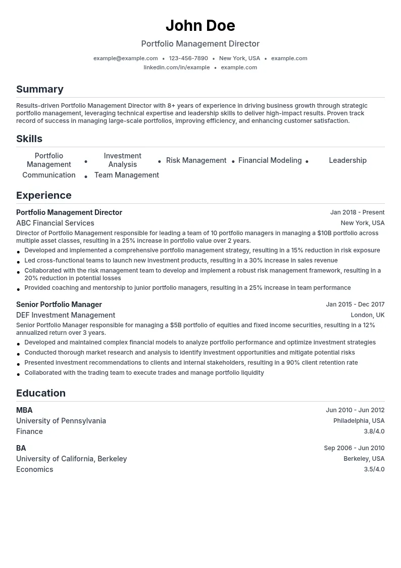 Portfolio Management Director resume example