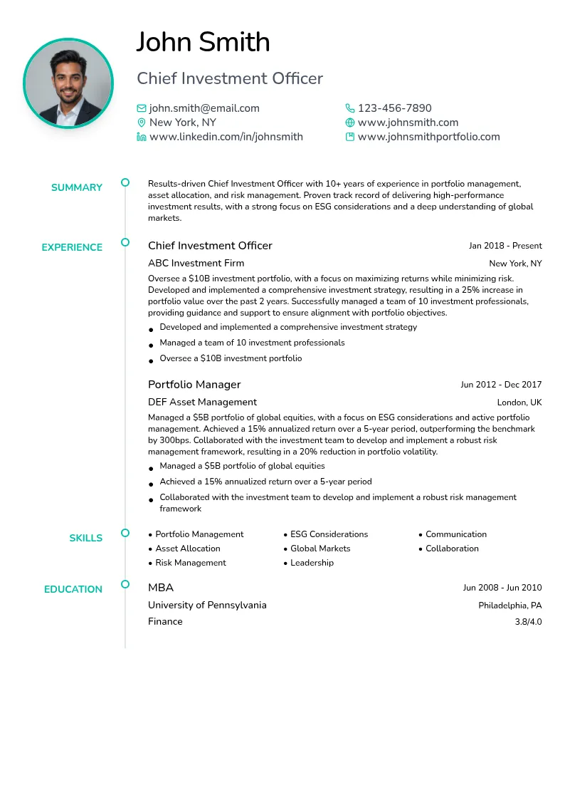 Chief Investment Officer resume example