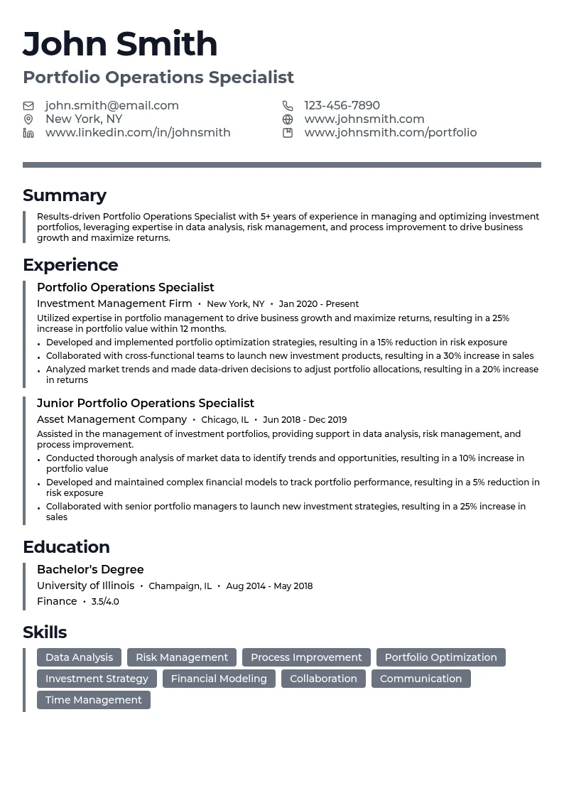Portfolio Operations Specialist resume example