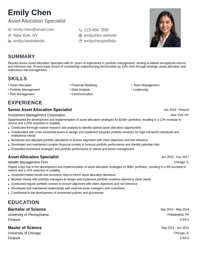 Asset Allocation Specialist resume example