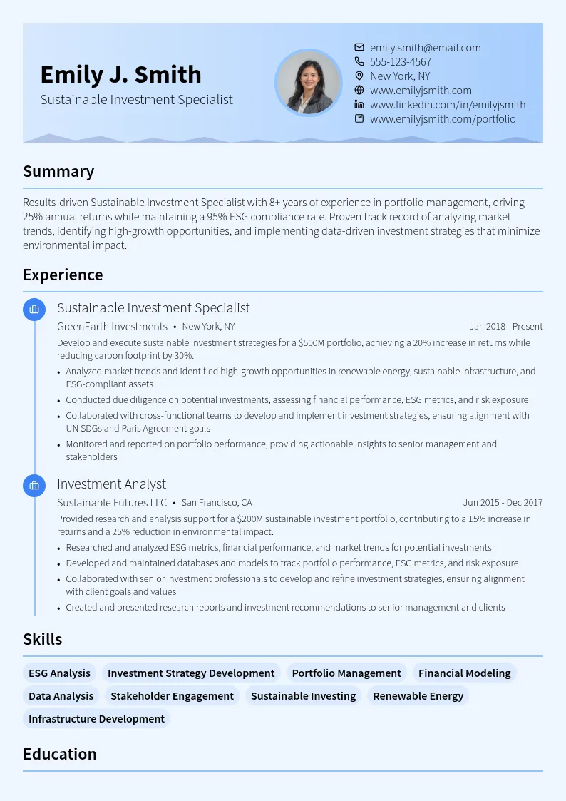 Sustainable Investment Specialist resume example