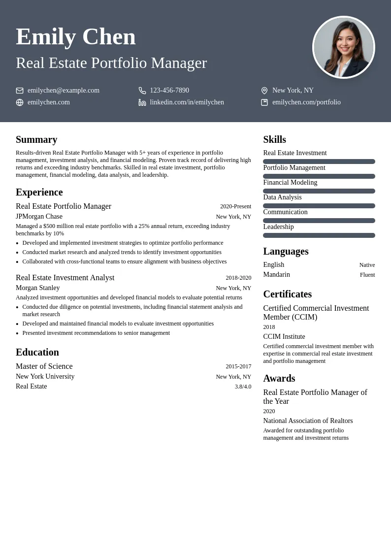 Real Estate Portfolio Manager resume example