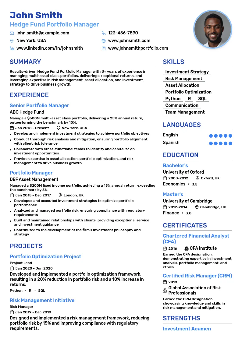 Hedge Fund Portfolio Manager resume example