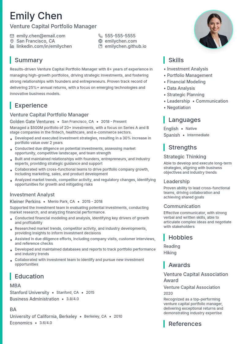 Venture Capital Portfolio Manager resume example