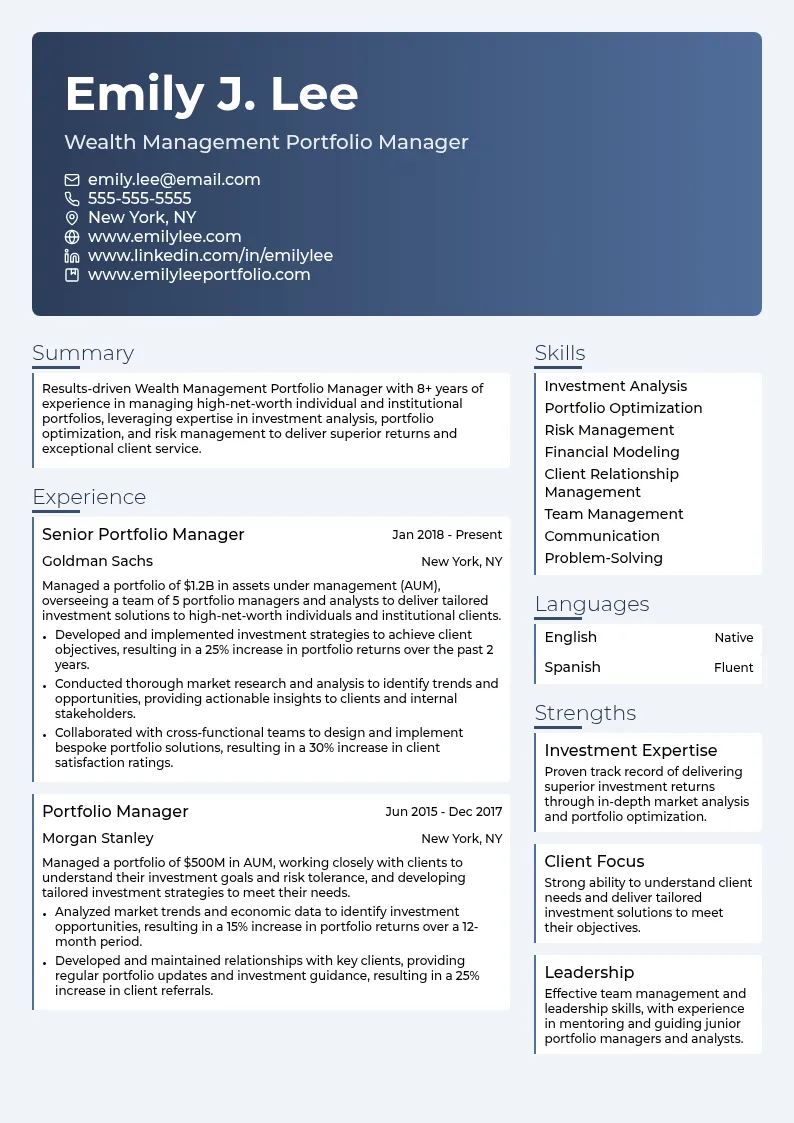 Wealth Management Portfolio Manager resume example