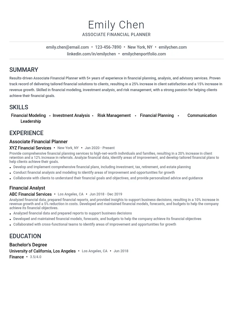 Associate Financial Planner resume example
