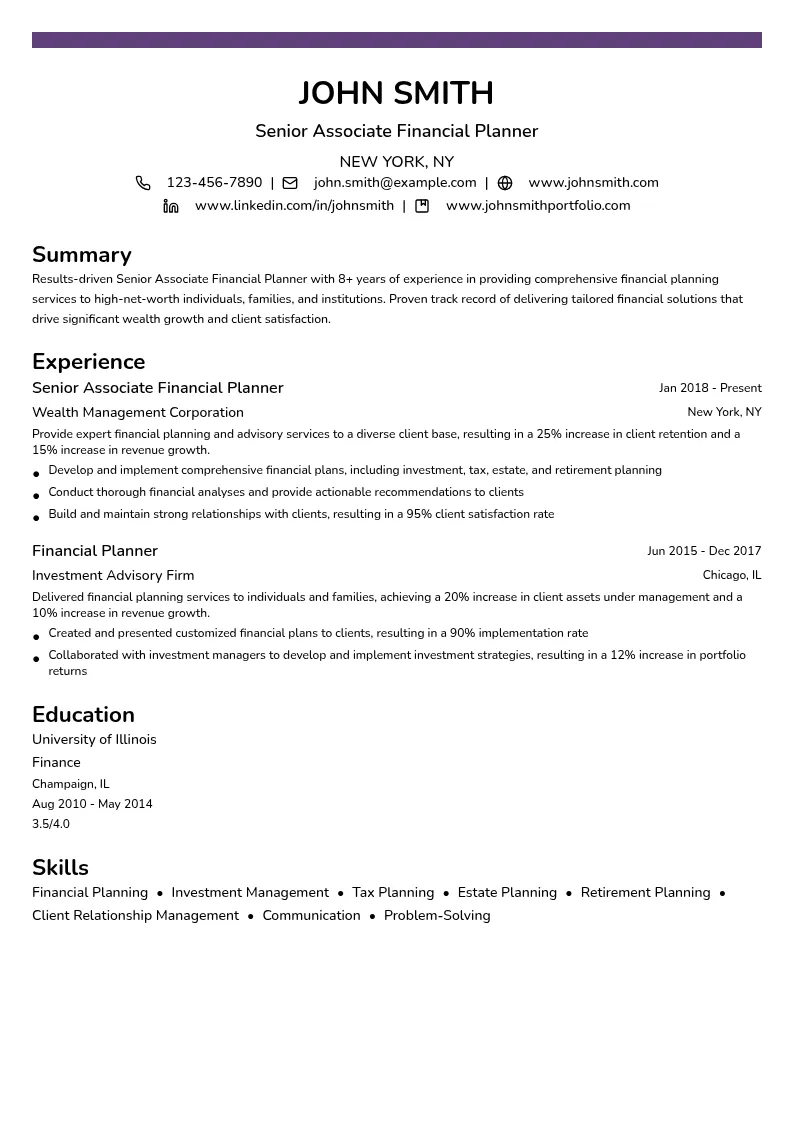 Senior Associate Financial Planner resume example