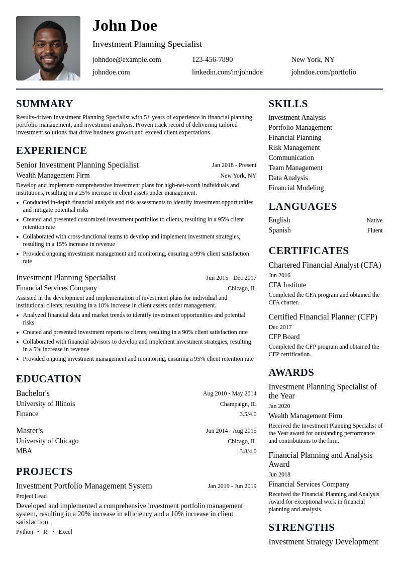 Investment Planning Specialist resume example