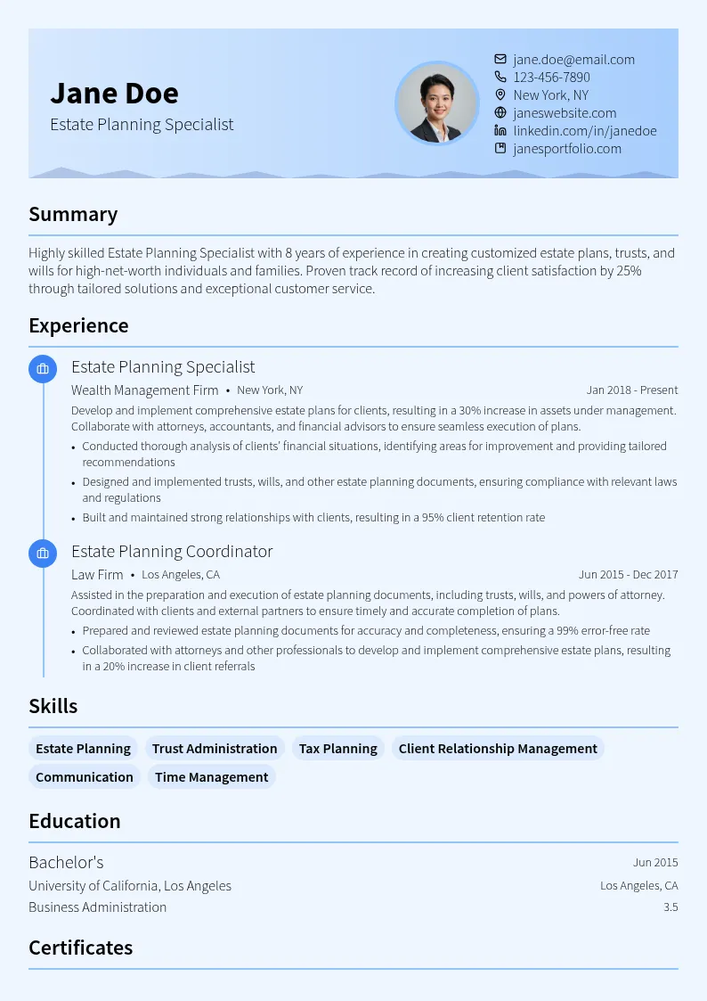 Estate Planning Specialist resume example