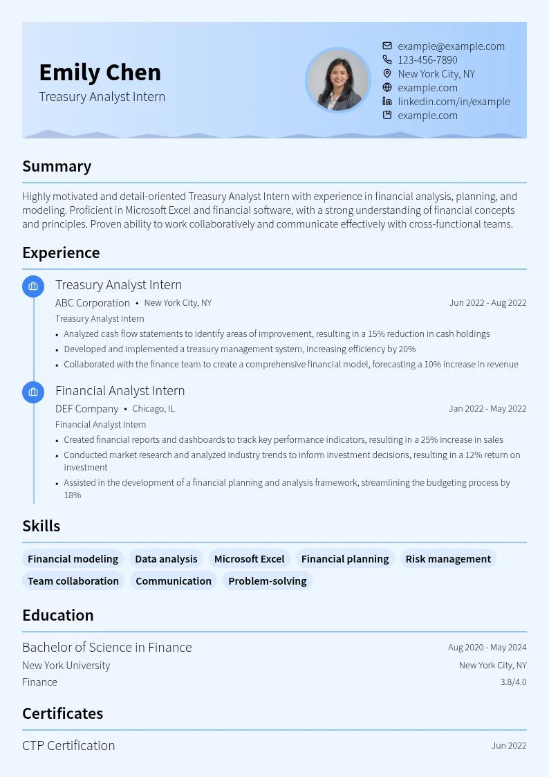 Treasury Analyst Intern resume example