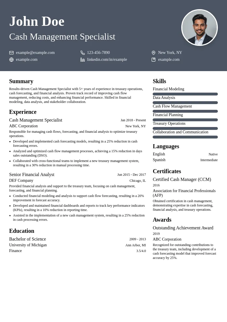 Cash Management Specialist resume example