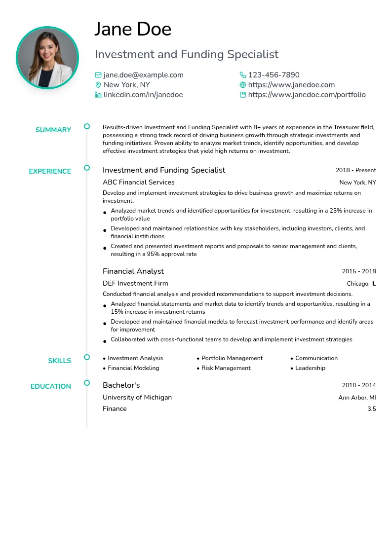 Investment and Funding Specialist resume example