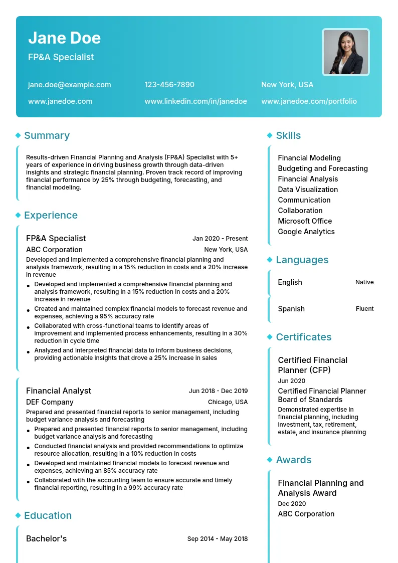 Financial Planning and Analysis (FP&A) Specialist resume example