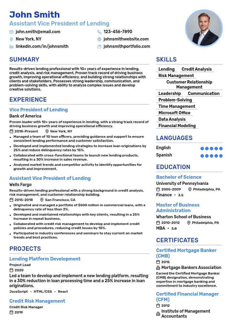 Assistant Vice President of Lending resume example