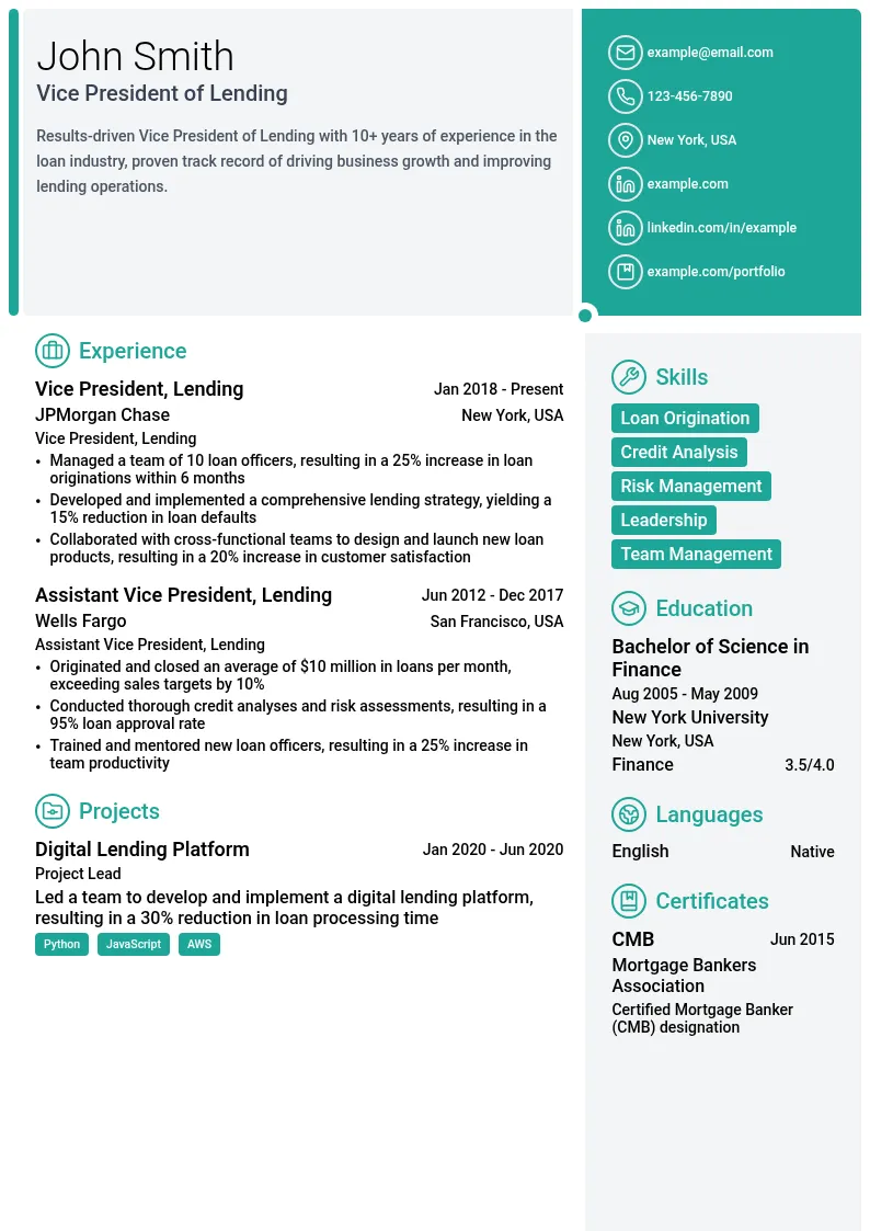 Vice President of Lending resume example