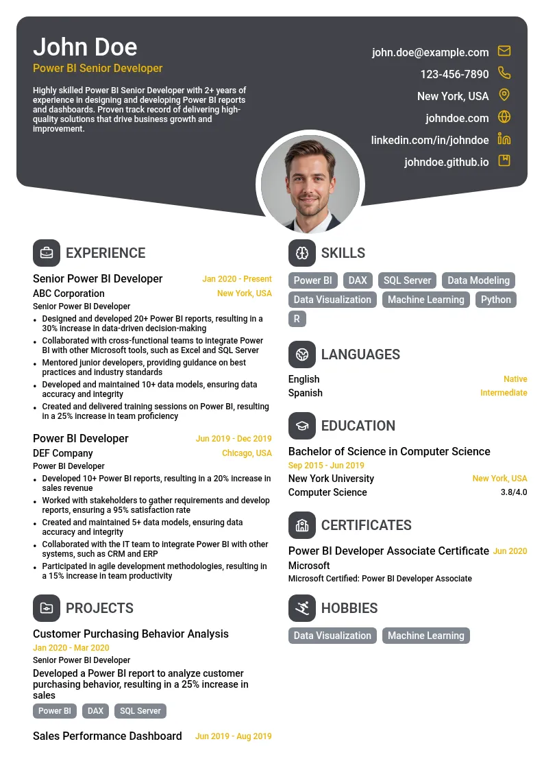 Power BI Senior Developer resume example