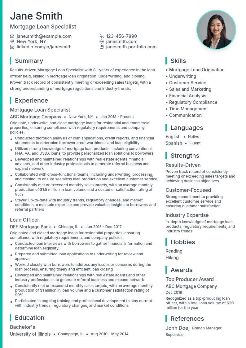 Mortgage Loan Specialist resume example