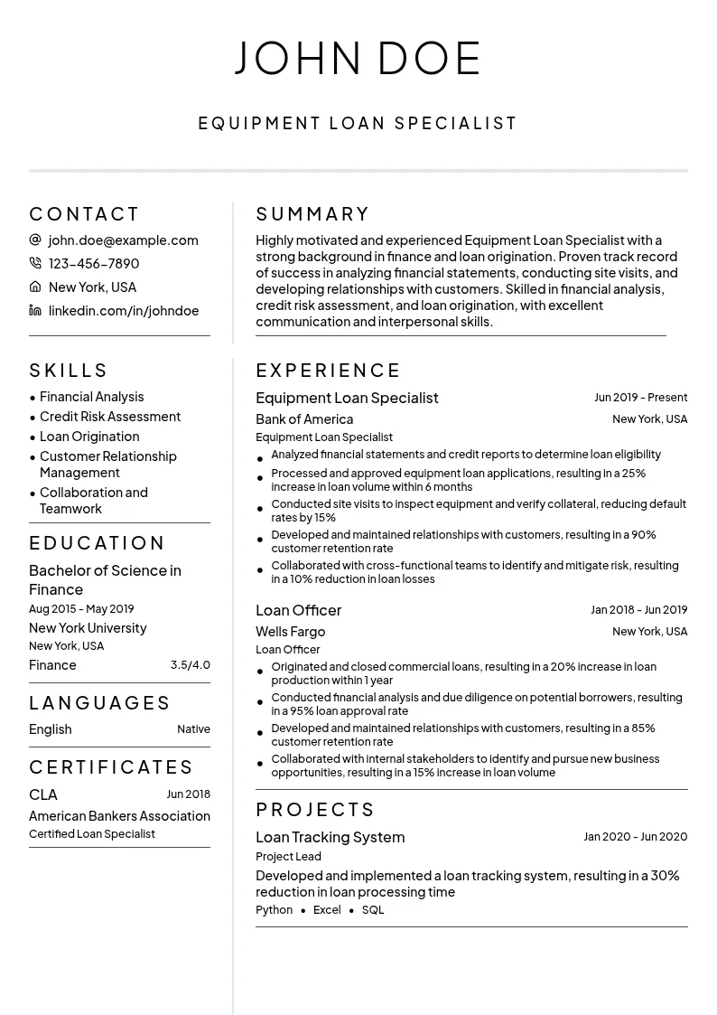 Equipment Loan Specialist resume example