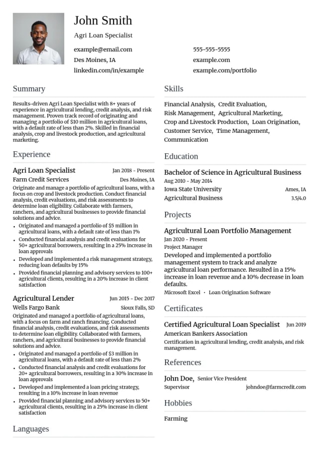 Agri Loan Specialist resume example