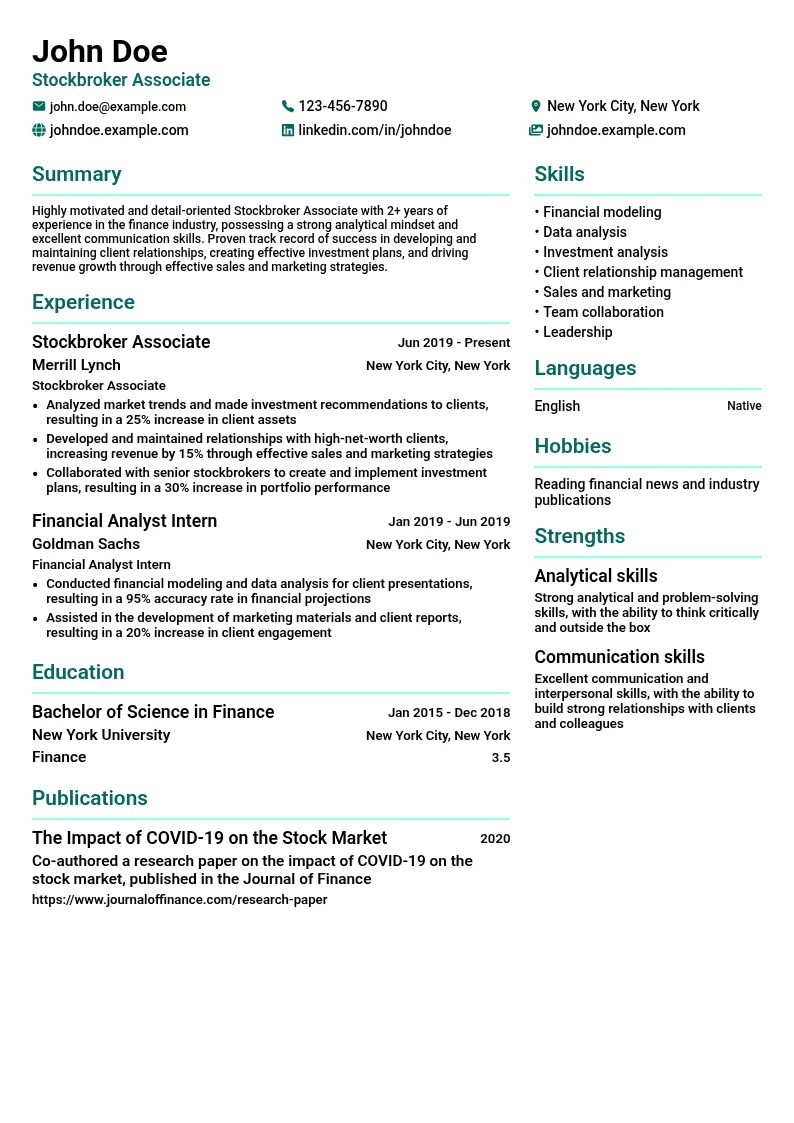 Stockbroker Associate resume example