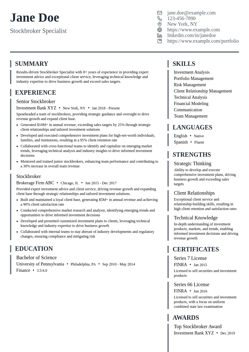 Stockbroker Specialist resume example