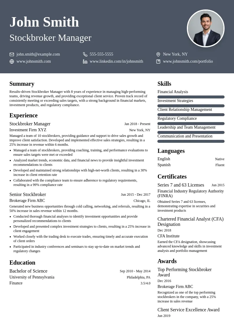 Stockbroker Manager resume example