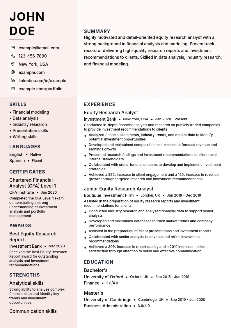 Equity Research resume example