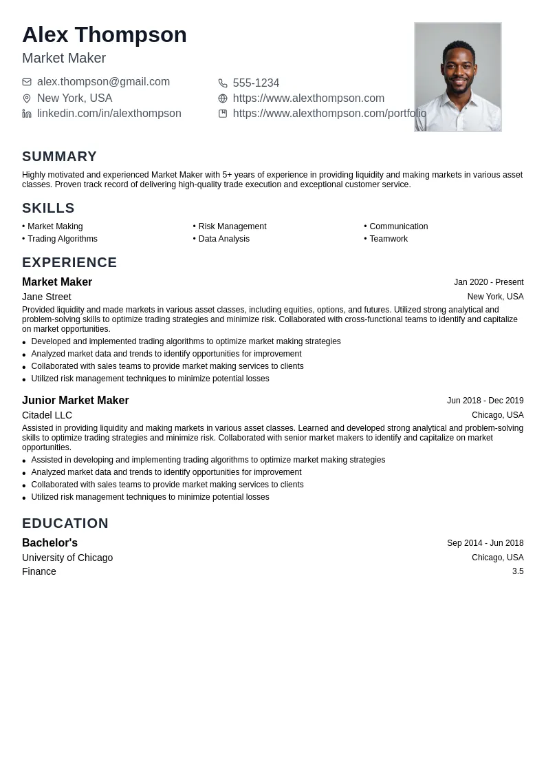 Market Making resume example