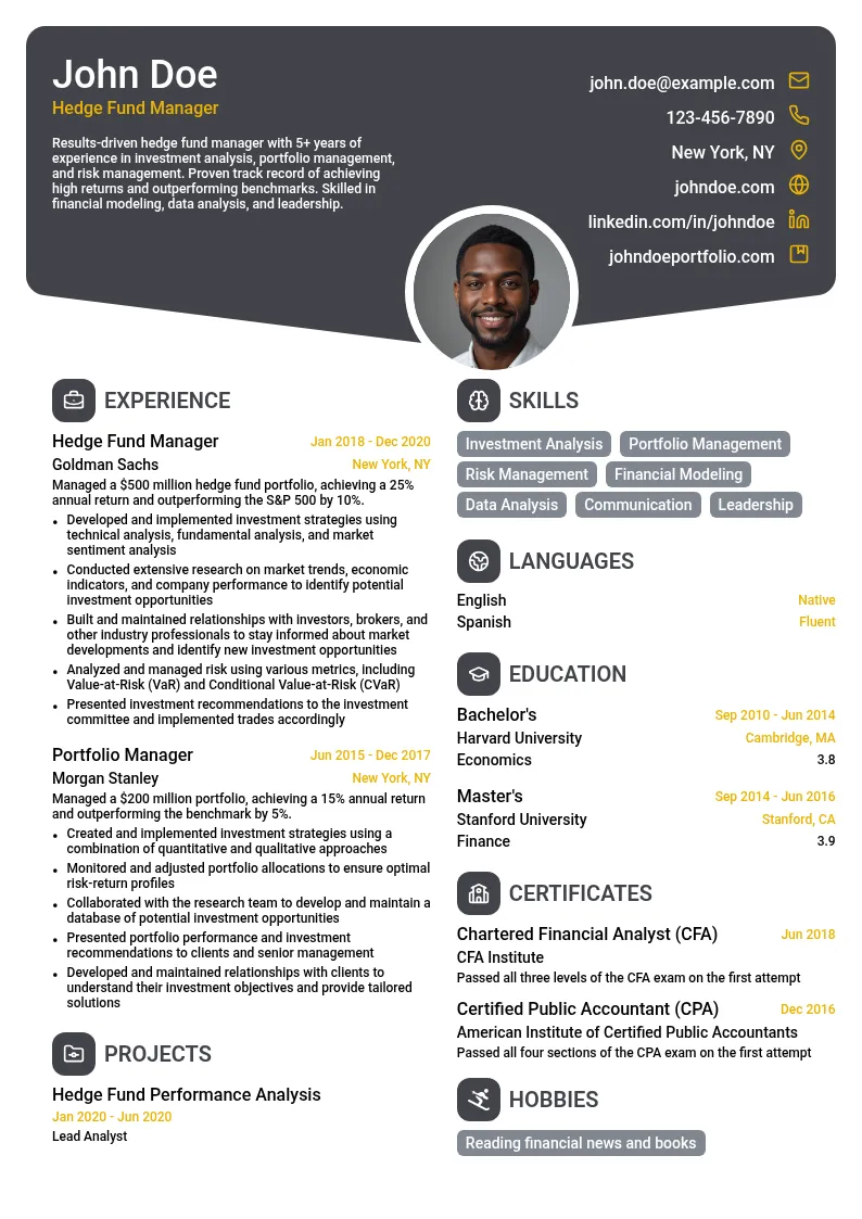 Hedge Fund Management resume example