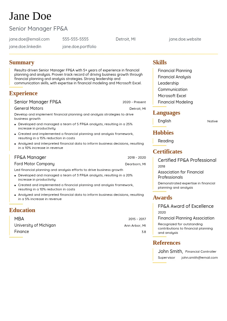 Senior Manager FP&A resume example