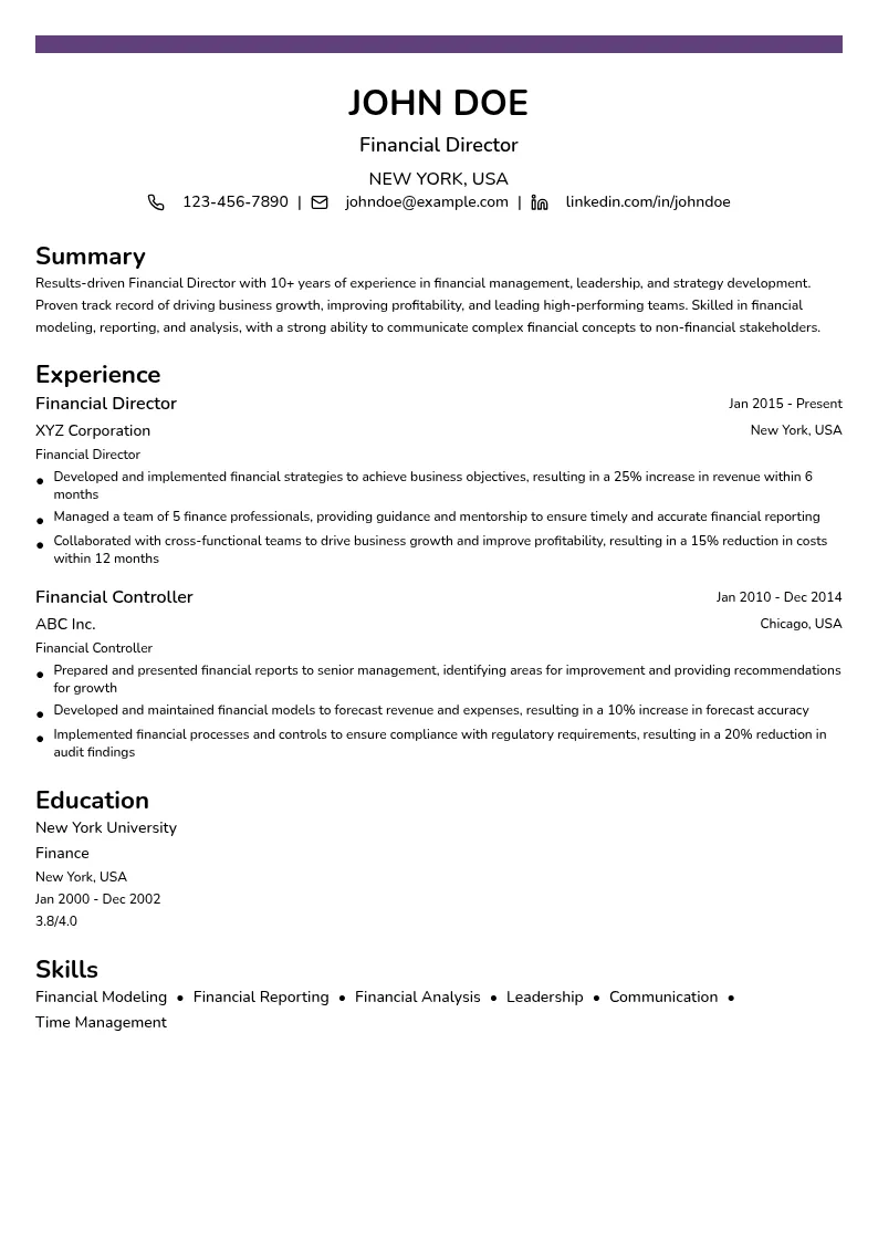 Financial Director resume example