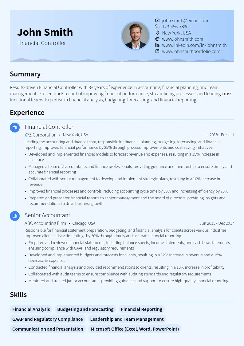 Financial Controller Specialization in Accounting resume example