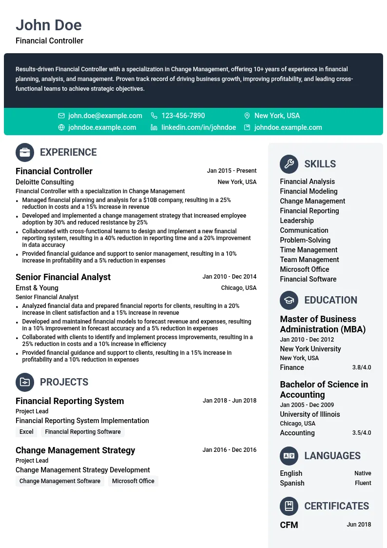 Financial Controller Specialization in Change Management resume example