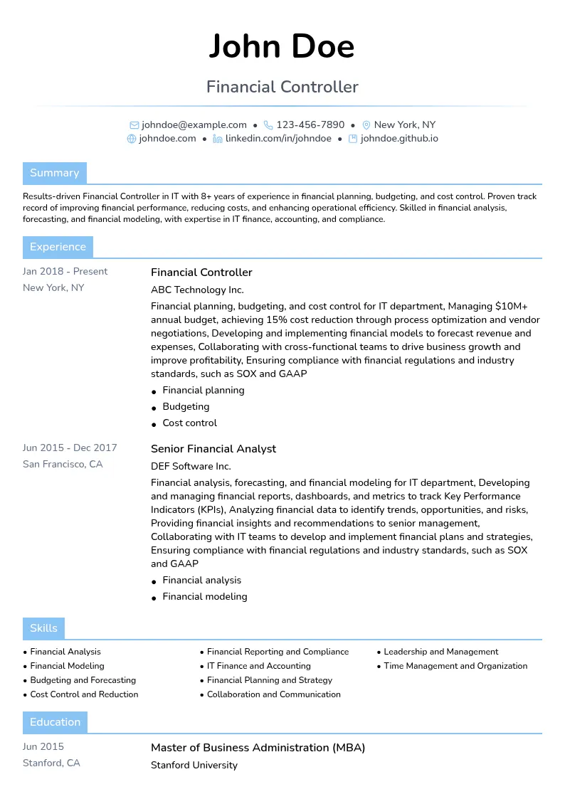 Financial Controller in IT resume example