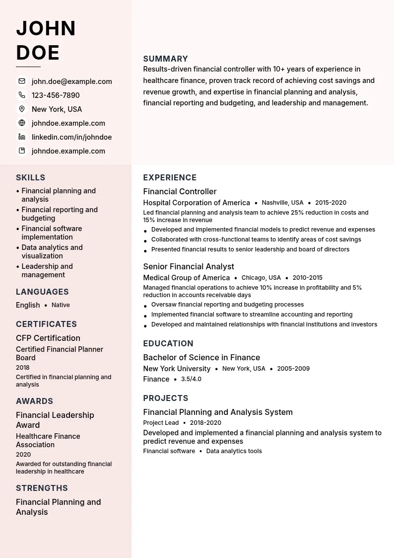 Financial Controller in Healthcare resume example