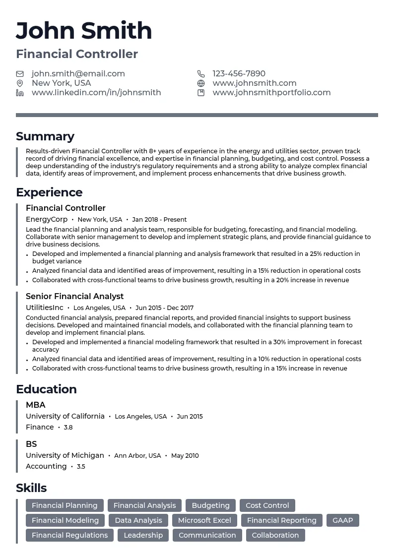 Financial Controller in Energy and Utilities resume example