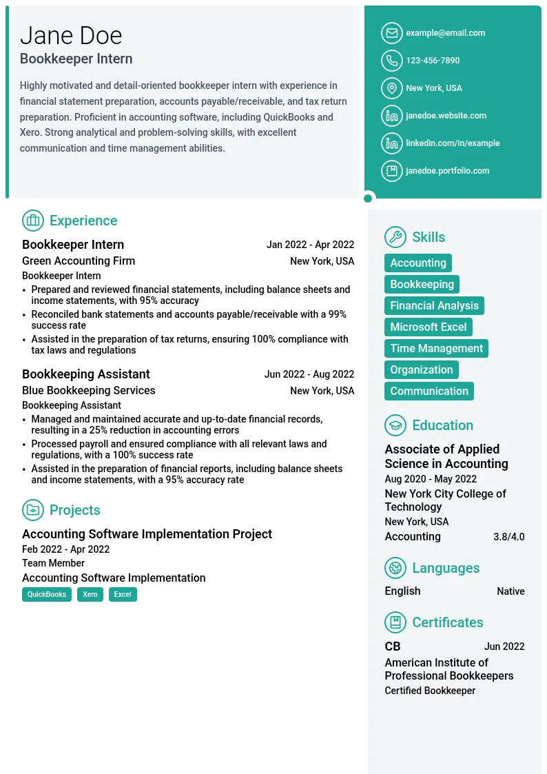 Bookkeeper Intern resume example