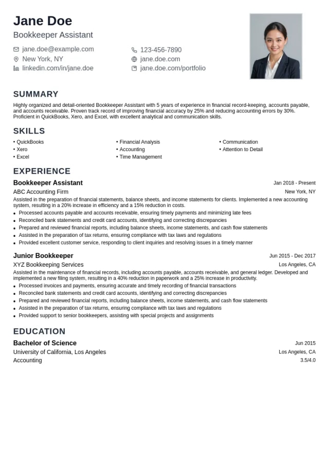 Bookkeeper Assistant resume example