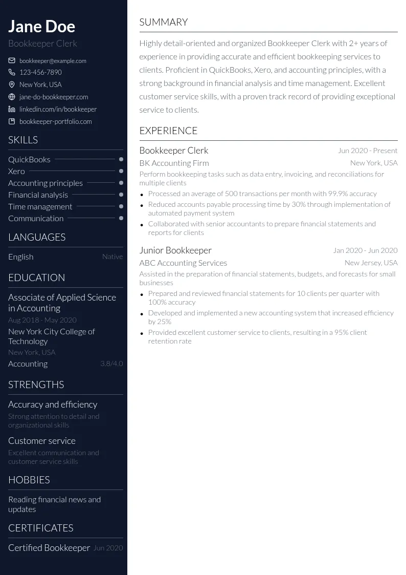 Bookkeeper Clerk resume example