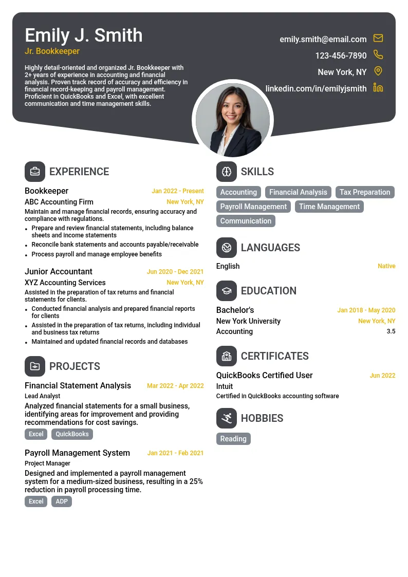Jr. Bookkeeper resume example