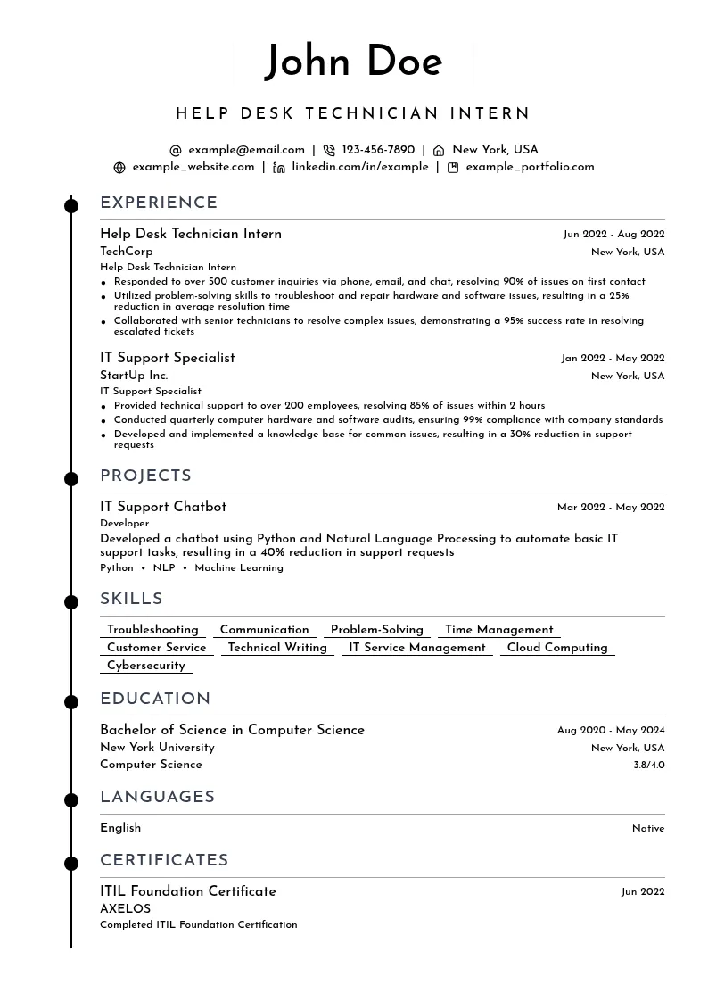 Help Desk Technician Intern resume example