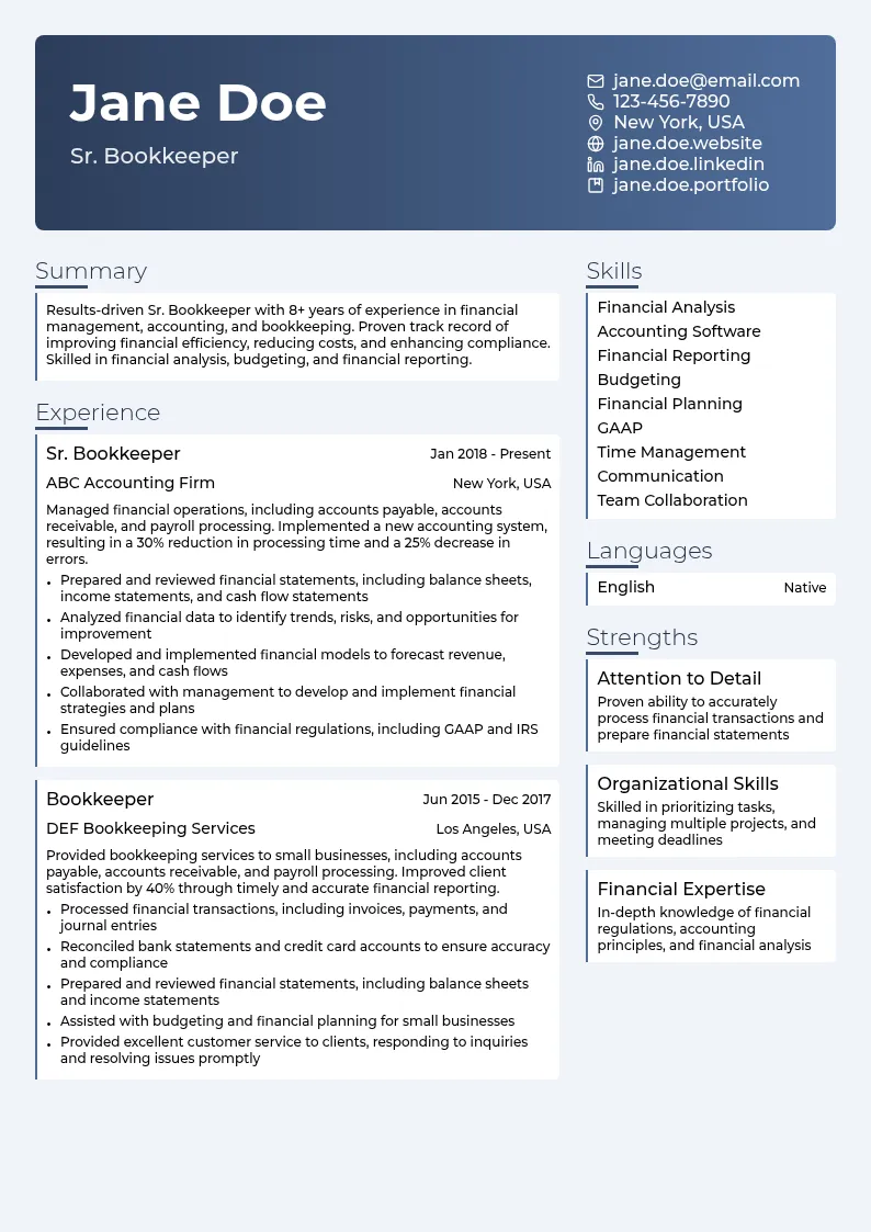 Sr. Bookkeeper resume example