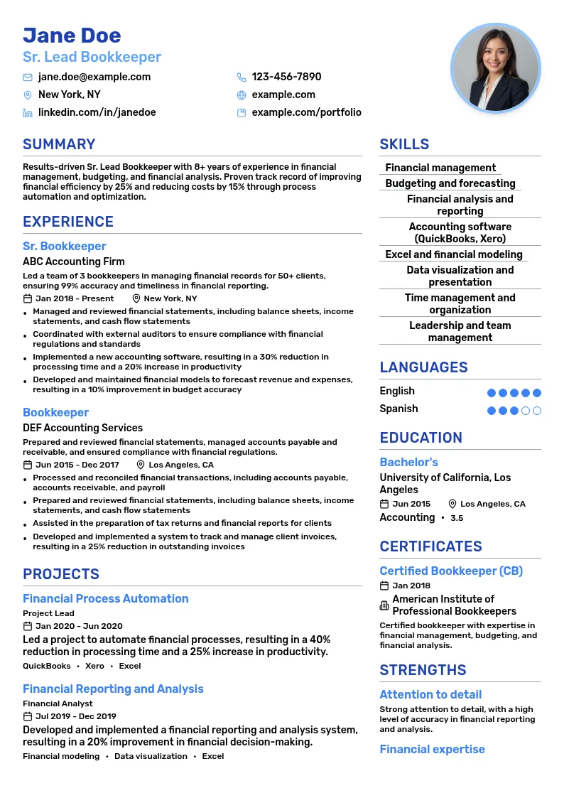 Sr. Lead Bookkeeper resume example
